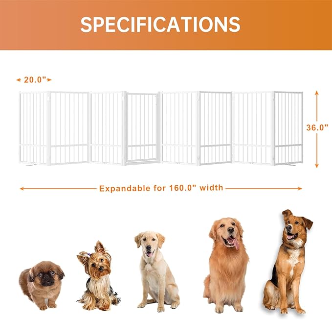 Full Metal Freestanding Dog Gate with Door, 36''Height Foldable Pet Dog Fence for Indoor & Outdoor, 8 Panels Extra Wide Free Standing TallDog Gates for Doorways,House,Stairs,Porch,Deck,Yard