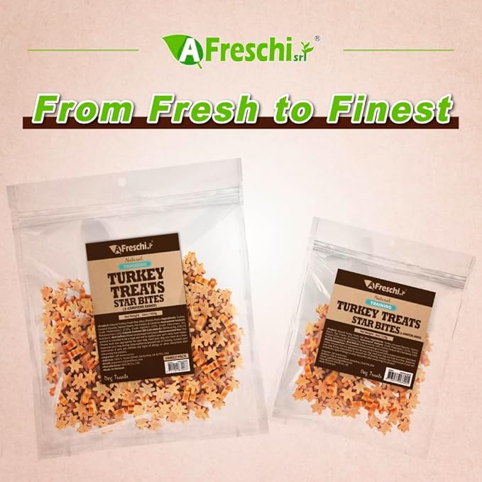 Afreschi Natural Turkey Treats Star Bites –6 oz, Hexagonal Shape, USA-Sourced Trukey, All-Natural, Hypoallergenic, Low-Fat, Healthy & Easily Digestible, Puppy & Training Snack & Small Dogs