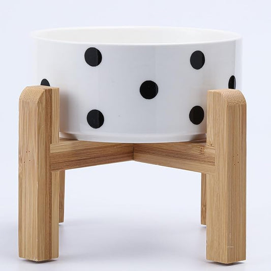 Petygooing 28 OZ Elevated/Raised Ceramic Dog Bowl for Small Medium Breeds, Dog Food Water Dish with Stand,Pet Bowl with Anti Slip Rubber for Cats Small and Medium Dogs (3.6 Cups) Black Dot