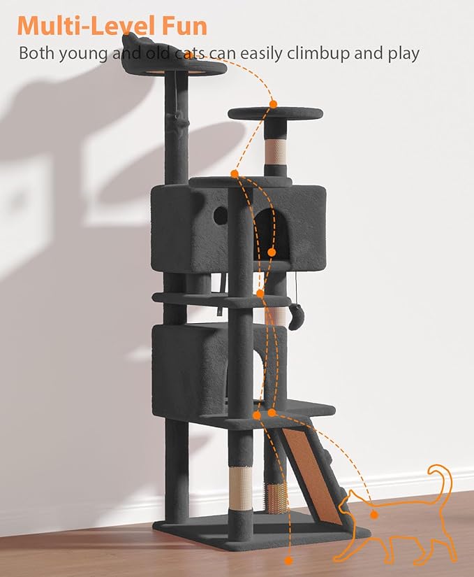 60" Cat Tree Tower for Indoor Cats Large Adult,Cute/Tall Modern Cat Tree for Big Cats 20 lbs, Plush Multi-Level Cat Condo with Scratching Posts,Dangling Ball (Smoky Gray, 60 inch)