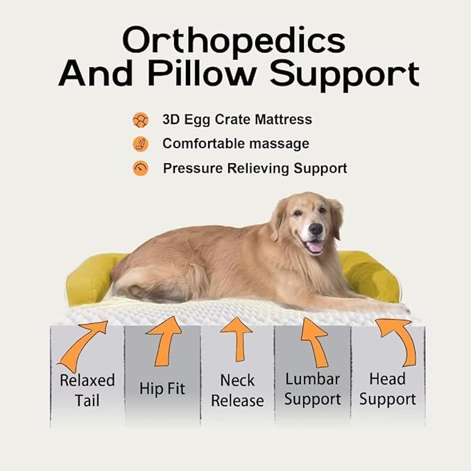 Large Dog Bed Orthopedic Washable - Waterproof with Removable Cover - Memory Foam - Beds Bolster Pet - Couch Sofa - XXXL Large Big Jumbo Dogs - Ginger Yellow Giant Dog Bed