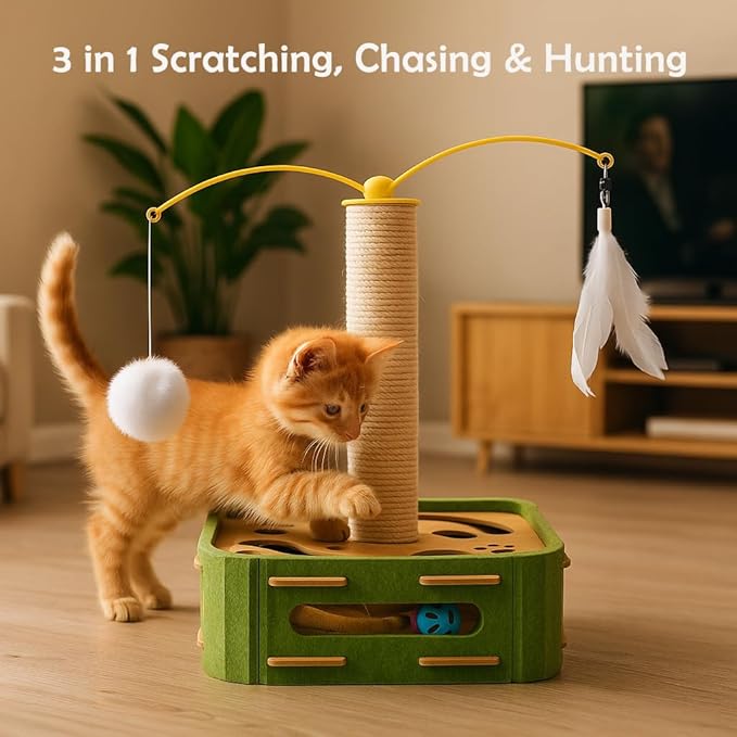 Interactive Cat Puzzle Toy - Scratching Post with Spinning Balls & Feathers for Indoor Cats, Satisfies Hunting Instinct, Self-Play Mental Stimulation Game with Rolling Track