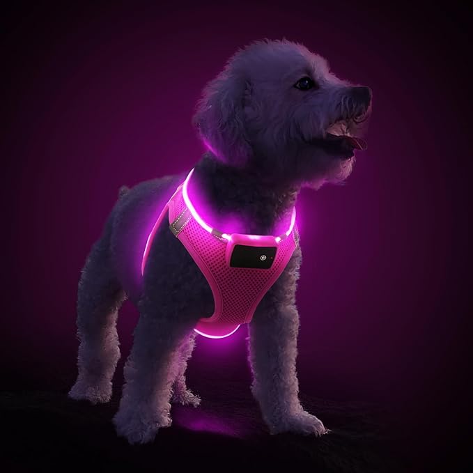 PceoTllar Light Up Dog Harness, LED No Pull Reflective Dog Harness, Flashing Lighted for Night Walking - Small/Medium, (Pink,S)
