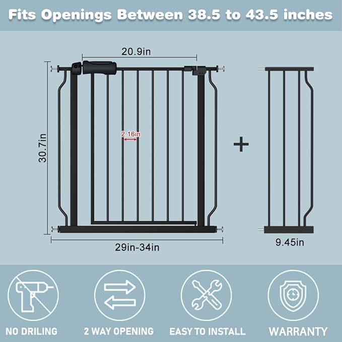 Extra Wide Black Baby Gate 38.5-43.5 Inch Walk Through Pressure Mounted Safety Gate No Drill Tension Metal Gate for Dog Cat and Infant Toddler
