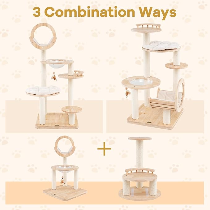 PETSITE 57 Inches Tall Wooden Cat Tree, Multi-Level Cat Tower with Scratching Posts, Space Capsule Bed, Padded Platform and Hanging Ball, Modern Transformable Cat Tree Tower for Indoor Cats Large