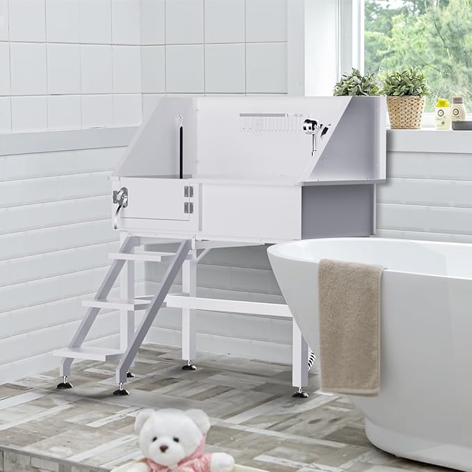 38" Dog Washing Station, Professional Stainless Steel Dog Bathing Station Dog Bathtub for Large & Medium Dog, Height Adjustable Dog Grooming Tub with Storage Basket, Movable Stair (Left Stair)