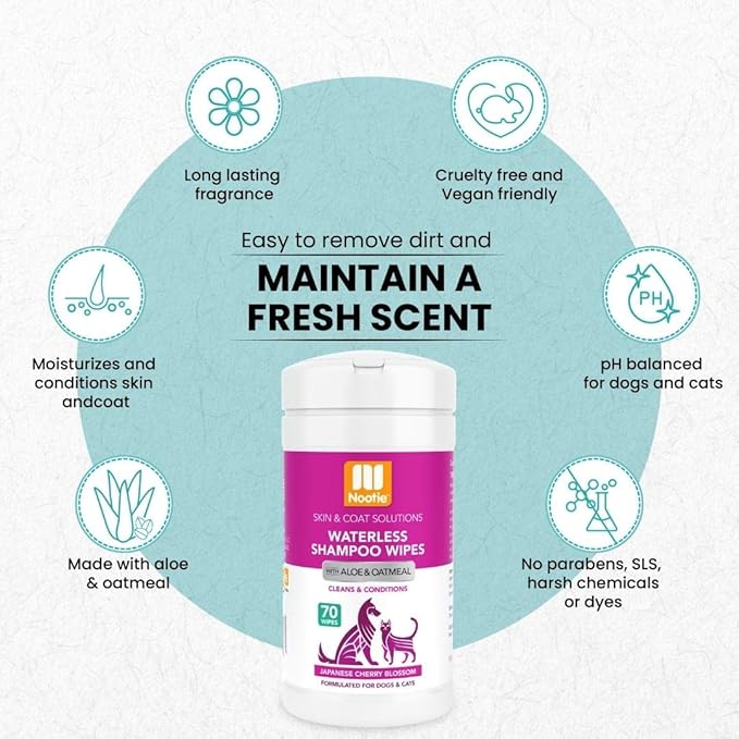 Nootie Waterless Shampoo Wipes for Dogs & Cats - Long Lasting Japanese Cherry Blossom Fragrance - Sold in Over 10,000 Vet Clinics and Pet Stores Worldwide, Made in USA - 70 Count