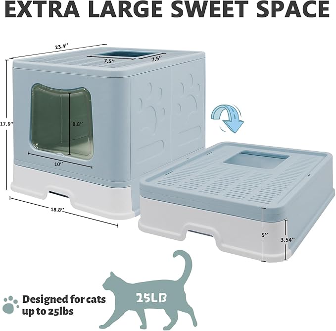 XL Foldable Cat Litter Box with Lid - Jumbo Enclosed Potty - Top Entry Anti-Splashing Toilet - Includes Scoop & 2-in-1 Cleaning Brush (Blue