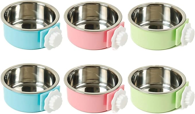 kathson Crate Dog Bowl, Removable Stainless Steel Hanging Pet Cage Bowl Food & Water Feeder Coop Cup for Cat, Puppy, Birds, Rats, Guinea Pigs 6pcs(2×Blue,2×Green,2×Pink)