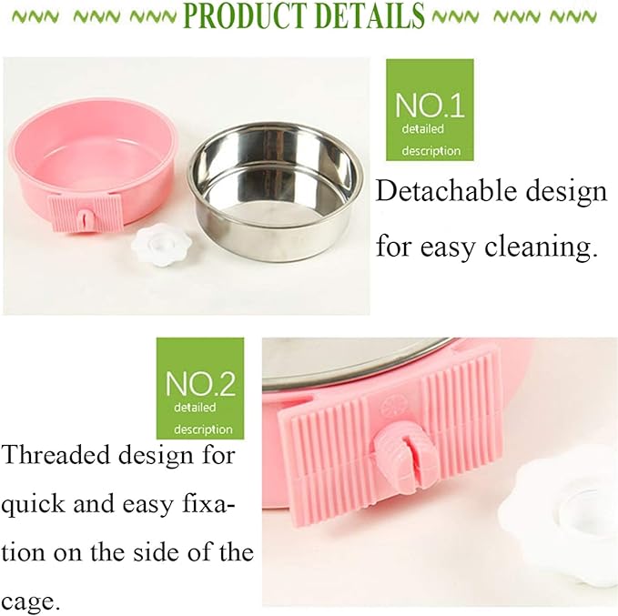 kathson Crate Dog Bowl, Removable Stainless Steel Hanging Pet Cage Bowl Food & Water Feeder Coop Cup for Cat, Puppy, Birds, Rats, Guinea Pigs 4pcs Large(2×Blue,1×Pink,1×Green)