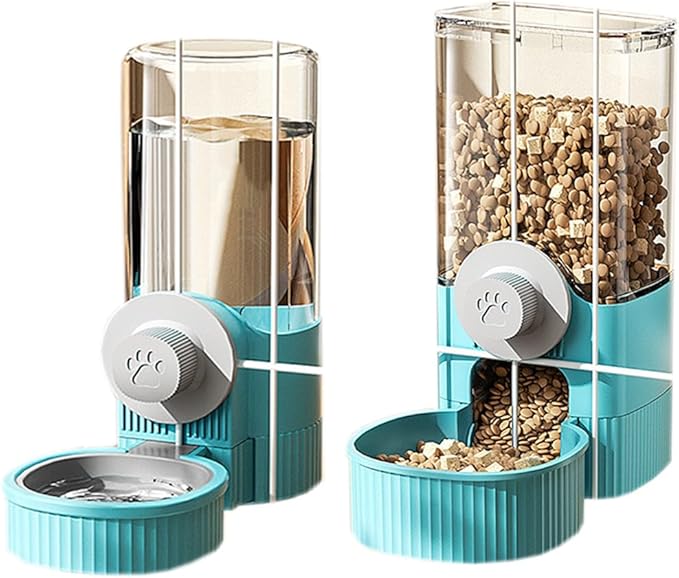 Hanging Automatic Bunny Food Water Dispenser, Gravity Rabbit Cage Feeder and Water Dispenser Ferret Cages Accessories, Cage Cat Food Bowl, for Chinchilla Guinea Pig Hedgehog (Blue)