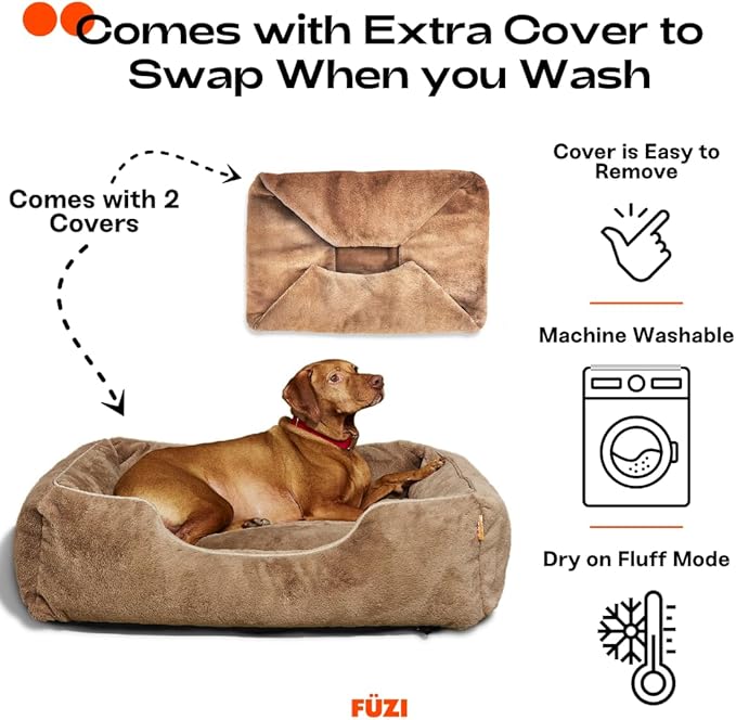 FUZI Luxury Aesthetic Dog Bed with Extra Cover for Large Dogs, Washable Pet Couch, Pet Bed with Sides, Non-Slip Bottom, Soft & Durable Calming Dog Bed, Faux Rabbit Fur, Large 35.6x28.5x9.5 Light Brown