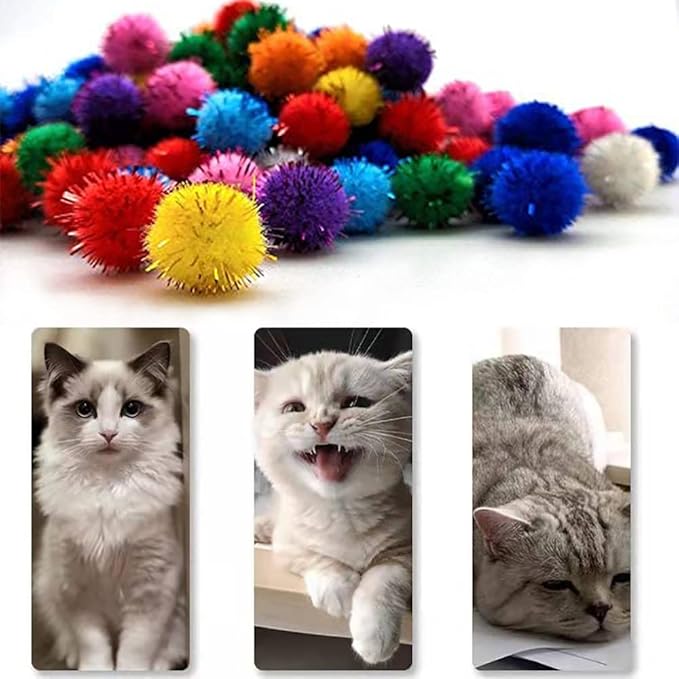 30Pcs 1.2inch/3cm Sparkle Balls for Cats - Interactive Toy Pom Pom Fuzzy Tinsel Cat Balls for Indoor Play (Mixed Colour)