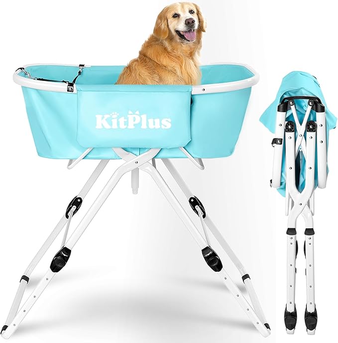 Elevated Portable Dog Bathtub, 5 Height Adjustable Dog Washing Station for Pet Shower and Grooming Foldable Bathing Tub with Storage & Anti-Slip Design for Small Large Dogs Cats