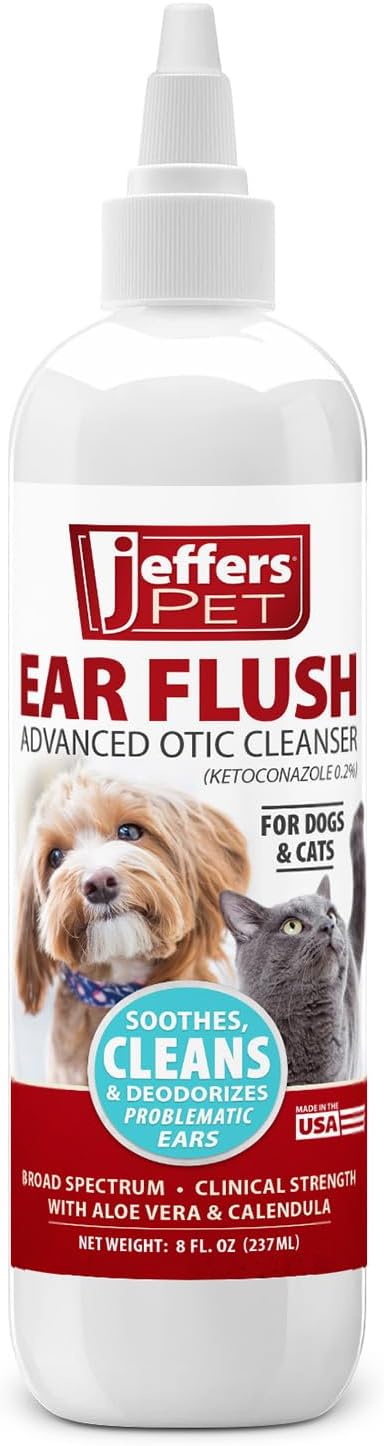 Jeffers Pet Ear Flush for Dogs & Cats – Gentle Otic Wash with Aloe & Calendula – Supports Routine Grooming & Ear Cleansing – Easy to Use Ear Wash Solution – 8 oz Bottle