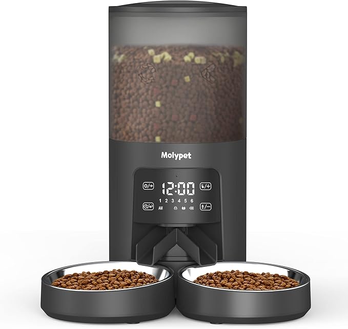 Automatic Cat Feeders - 6L Cat Food Dispenser with Double Bowls, Programmable Timed Feeder for Up to 6 Meals per Day with 10S Voice Recorder, Supports Dual Power Supply
