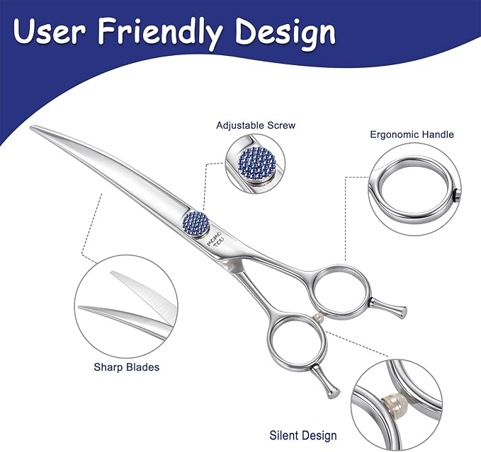 7'' Dog Grooming Scissors CNC 440C Blades Sharp and Durable Polished Curved Dog Shears with Blue Diamond Adustable Screws Easy to Use for Groomer and Home User
