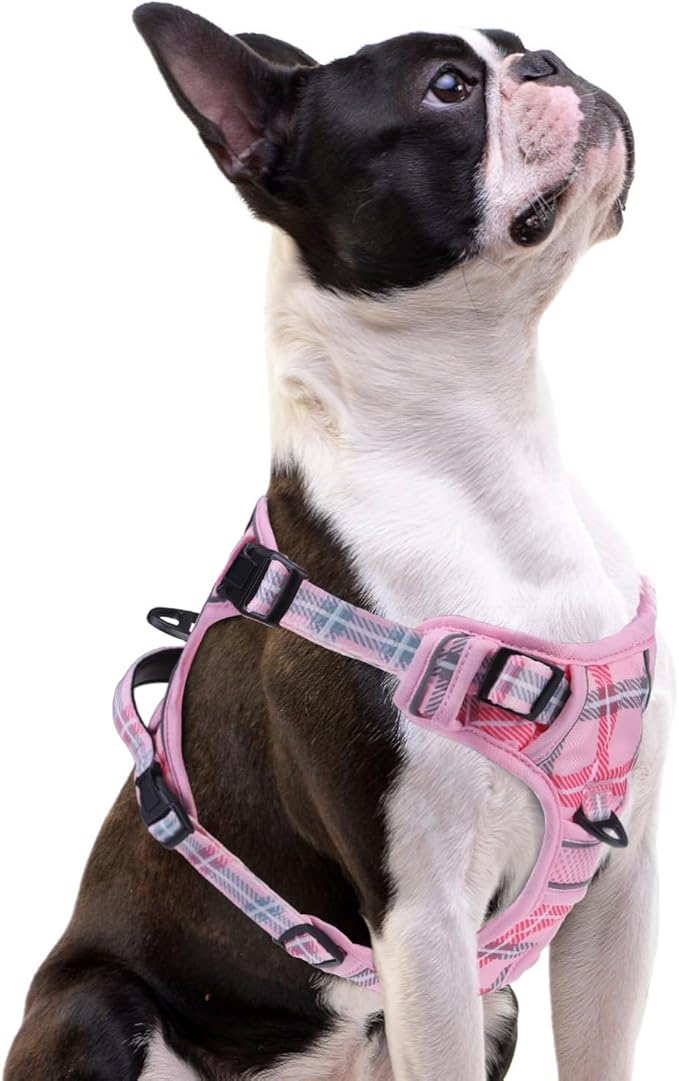 PUPTECK No Pull Dog Harness Small Sized, Adjustable Reflective Dog Harness with Handle Easy Control, Comfortable Soft Padded Pet Vest Harness for Small Dogs, Plaid Pink S