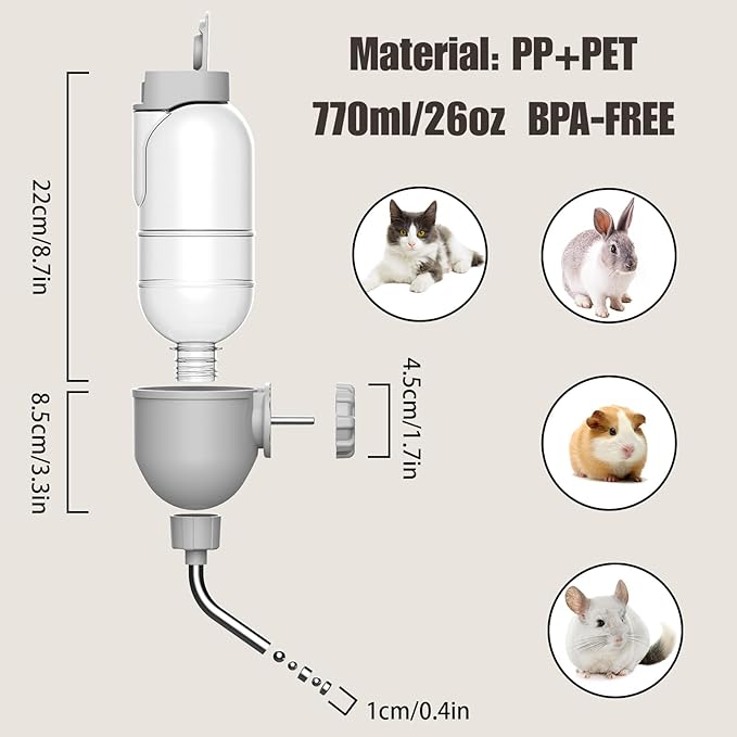 Pet Water Bottle for Cage Crate 26oz Non-Drip Water Dispenser for Small Animal Rabbit Bunny Guinea Pig Chinchilla Ferret Squirrel Hedgehog (Gray, 26oz)