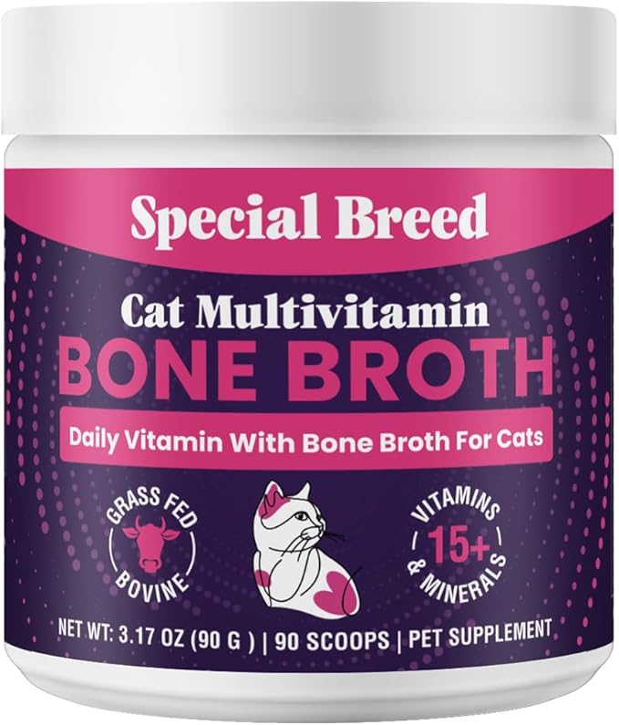 Cat Multivitamin with Grass-Fed Beef Bone Broth – Daily Supplement for Immune, Joint, Skin, Coat & Gut Health – Omega 3s, Lysine, Beta Glucan, Vitamins A-E, C, D – 90 Day Supply – No Fillers