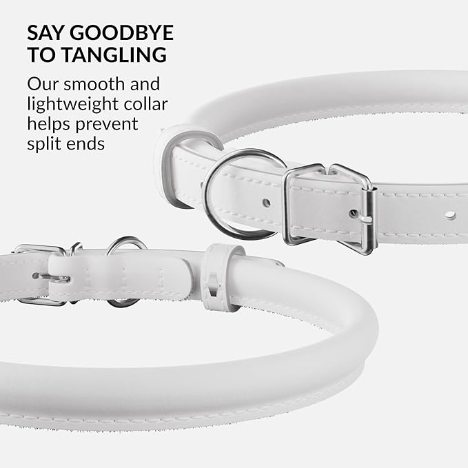 CollarDirect Rolled Leather Dog Collar, Soft Padded Round Puppy Collar, Handmade Genuine Leather Collar Dog Small Large Cat Collars 13 Colors (11-14 Inch, White Smooth)