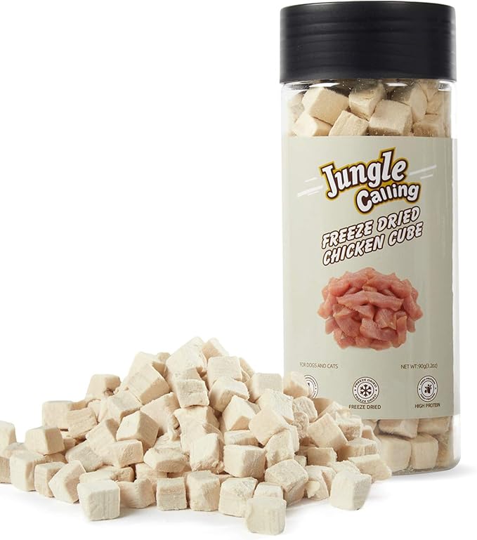 Jungle Calling Freeze-Dried Chicken Treats for Cats & Dogs, Single Ingredient, Grain-Free, High Protein Training Rewards & Food Topper (Chicken Cubes, 3.2 oz)