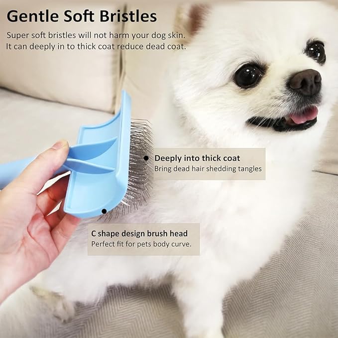 Slicker Brush for Poodles and Goldendoodles - Curved Brush for Thick, Fluffy, Shedding Fur on Dogs and Cats - Soft, Gentle Pins for Grooming (Blue)