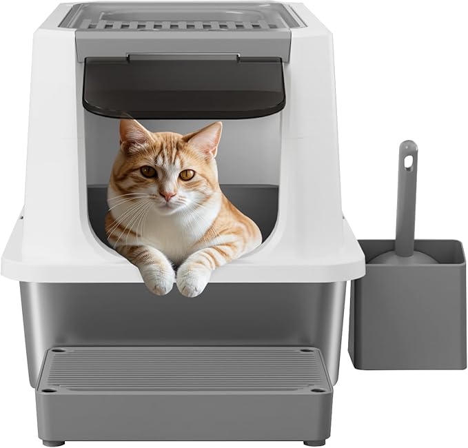 RIZZARI Stainless Steel Cat Litter Box, Odorless Enclosed Litter Box with Top Holes, Large Litter Pan for Small to Large Sized Cats (Dark Gray, 23.8" L*15.9" W*16.1" H)