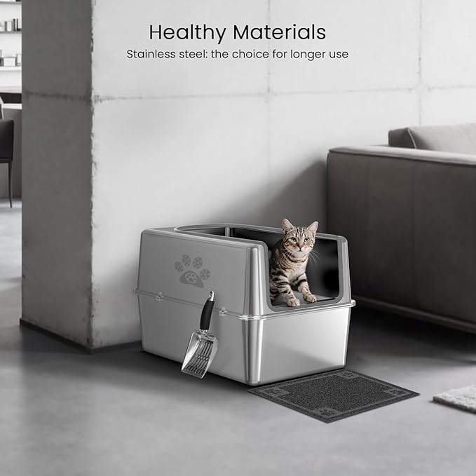 Enclosed Stainless Steel Cat Litter Box with Lid, Metal Litter Box for Big Cats, Extra Large Cat Toilet with High Side, Non-Stick, Anti-Leakage, Odorless, with Cats Litter Mat & Litter Scoop