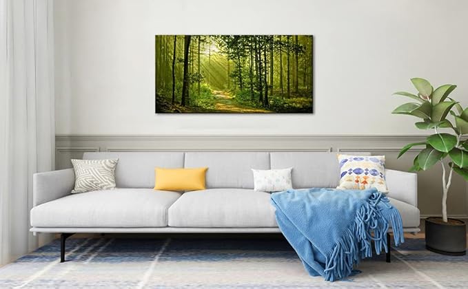 Green Morning Sunlight Forest Scenery Canvas Wall Art for Bedroom Home,Beautiful Silent Summer Woods Picture Print Artwork Painting Decor,Mordern Realism Rustic Wilderness Landscape,Inner Frame 24x48