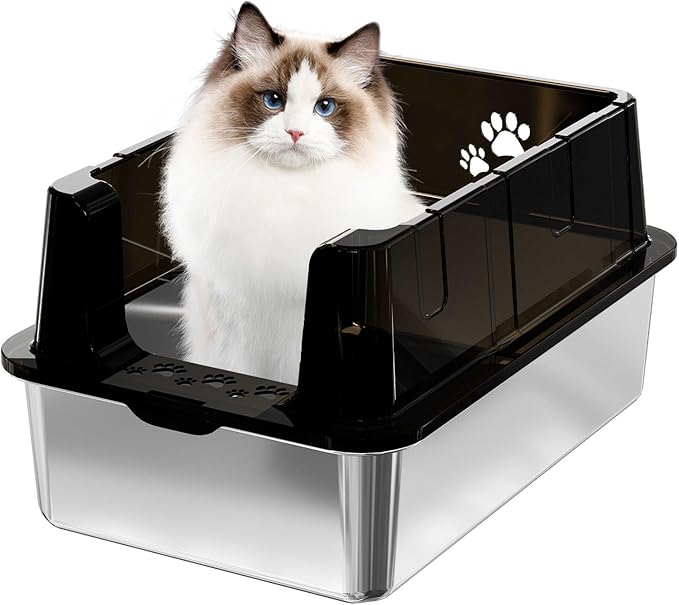 Sousia Stainless Steel Litter Box - Cat Litter Box Enclosure with Lid, High Side Large Cat Litter Tray Easy Cleaning Anti-Leakage with Litter Scoop and High Wall Sides Enclosure for Big Cats