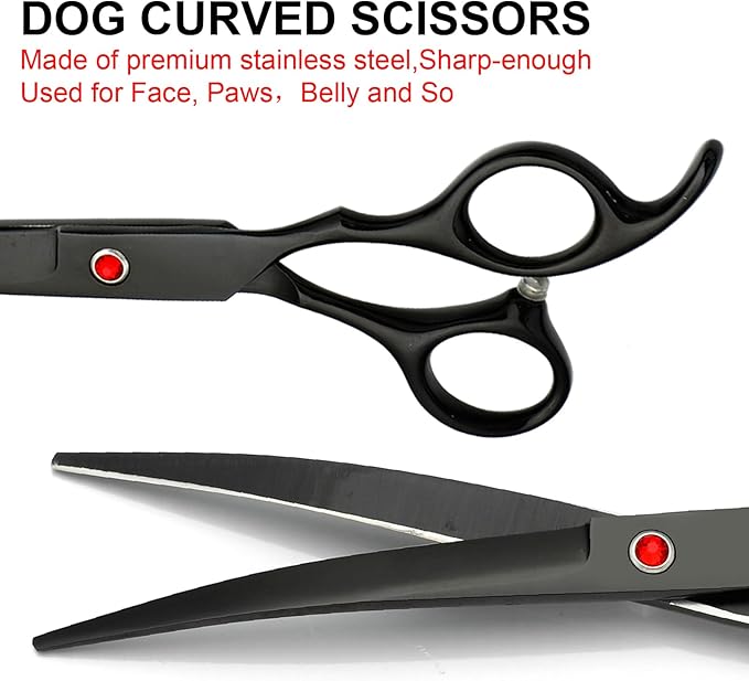 Professional Dog Grooming Scissors Set Stainless Steel Dog Grooming Kit - Thinning, Curved Scissors and Comb for Dog Cat Pet (Black 5 in1)