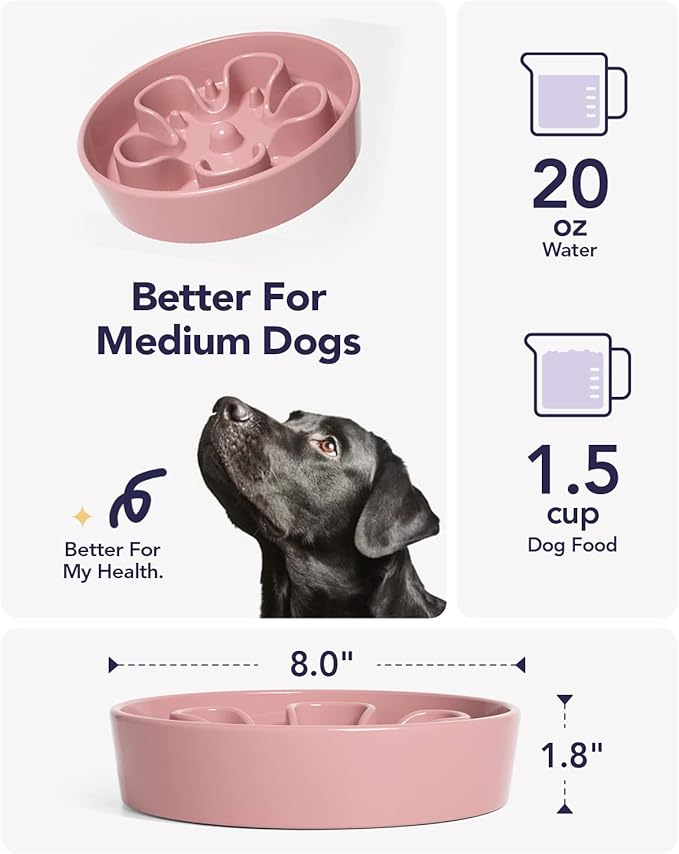 LE TAUCI Slow Feeder Dog Bowls Ceramic, 1.5 Cups Dog Food Bowl, Puppy Slow Feeder Dish for Fast Eaters,Pink Bloom