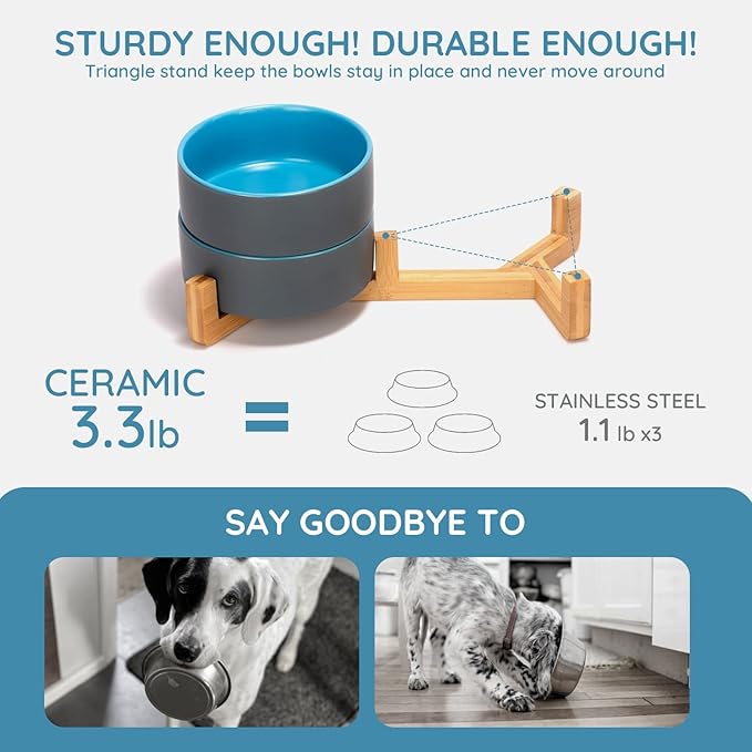 SPUNKYJUNKY Ceramic Dog and Cat Bowl Set with Wooden Stand, Modern Cute Weighted Food Water Set for Small Size Dogs (13.5OZ) & Medium Sized Dogs (28.7OZ) & Cats (1.7 Cups, 2 × Blue-Grey)