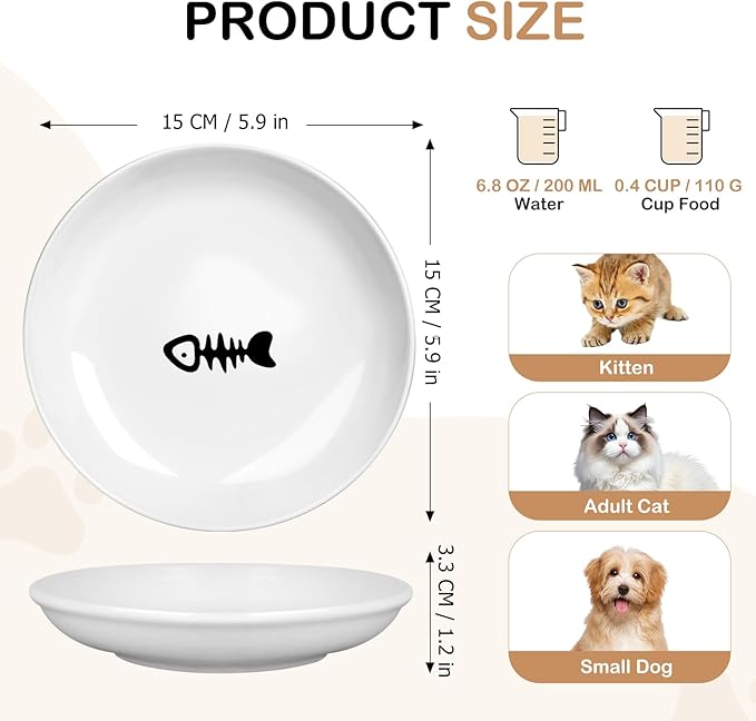TRUVIC 4 Pack Ceramic Cat Food Bowls, 5.9 Inch Ceramic Cat Dishes Set for Indoor Cats and Small Dogs, Anti Whisker Fatigue Kitten Bowls, Wide Shallow Kitten Plates for Food and Water (Fishbone)