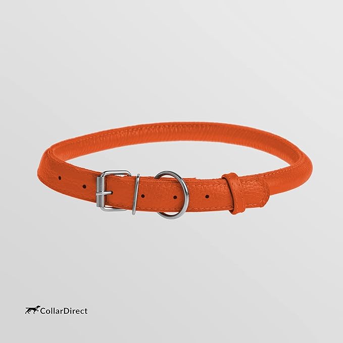 CollarDirect Rolled Leather Dog Collar, Soft Padded Round Puppy Collar, Handmade Genuine Leather Collar Dog Small Large Cat Collars 13 Colors (15-19 Inch, Orange Textured)