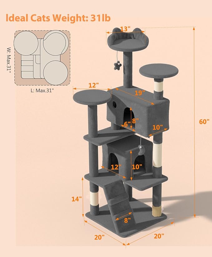 60" Cat Tree Tower for Indoor Cats Large Adult,Cute/Tall Modern Cat Tree for Big Cats 20 lbs, Plush Multi-Level Cat Condo with Scratching Posts,Dangling Ball (Smoky Gray, 60 inch)