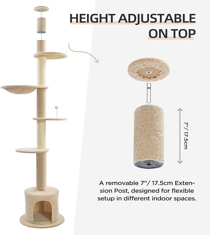 Made4Pets Floor to Ceiling Cat Tree 93-106'',Tall Cat Tower 5 Tiers, Adjustable Height, Stable Cat Tree Tower with Scratching Posts, Fluffy Condo, Hammock and Ball Toy for Indoor Cats/Kitten, Beige