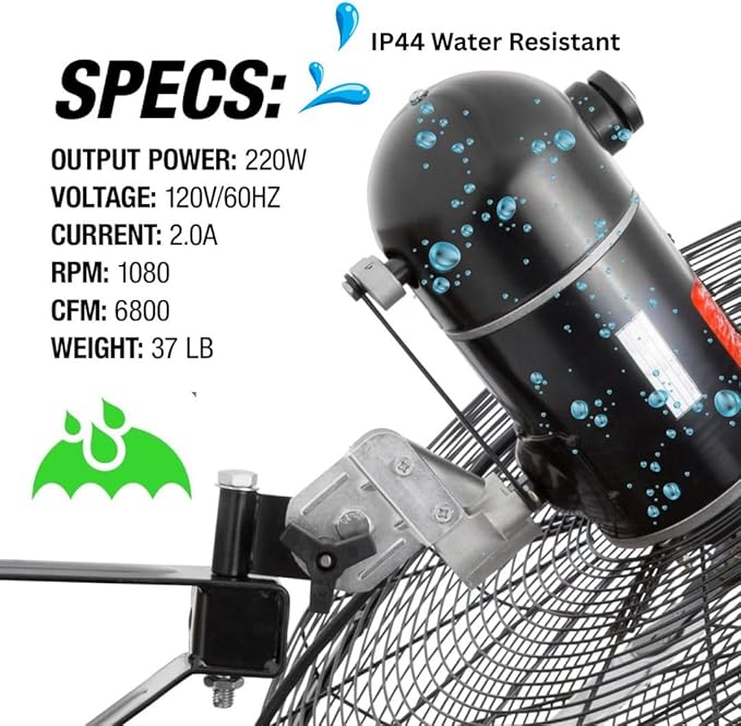 OEMTOOLS 24" Outdoor Wall Mount Fan, 80° Oscillating Fan 6800 CFM Max, Water Resistant, Use in Garage, Gym, Warehouse, Factory and Jobsite