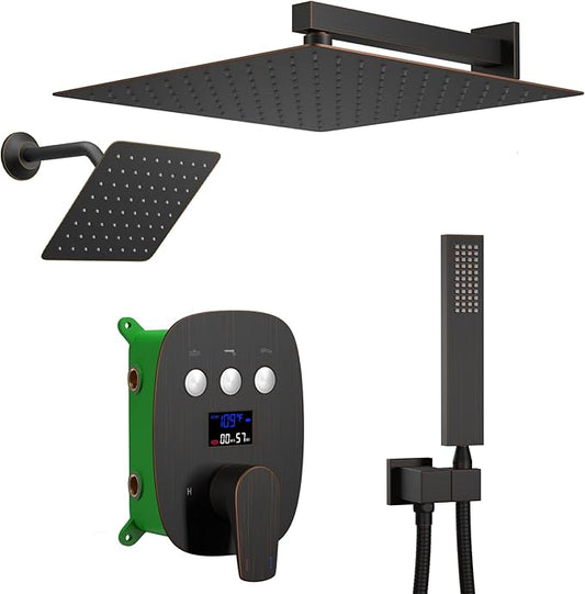 Oil Rubbed Bronze Shower System Set Temperature Display Push Button Shower Faucet with 12 inch and 8 inch Wall Mount Full Body Shower Head and Handheld Shower