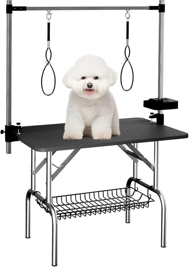 VFK 36" Dog Grooming Table,Foldable Pet Grooming Table for Dogs at Home Black Stainless Steel Bath Grooming Station with Adjustable Arm,Nooses, Mesh Tray,Tool Organizer