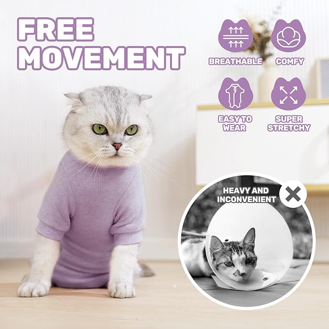 Breathable Cat Recovery Suit for Female/Male, Anti-Licking Kitten Onesie - Cat Surgery Pajamas with Sleeve After Spay, Prevent Shedding, Abdominal Wounds, Skin Diseases or E-Collar Alternative