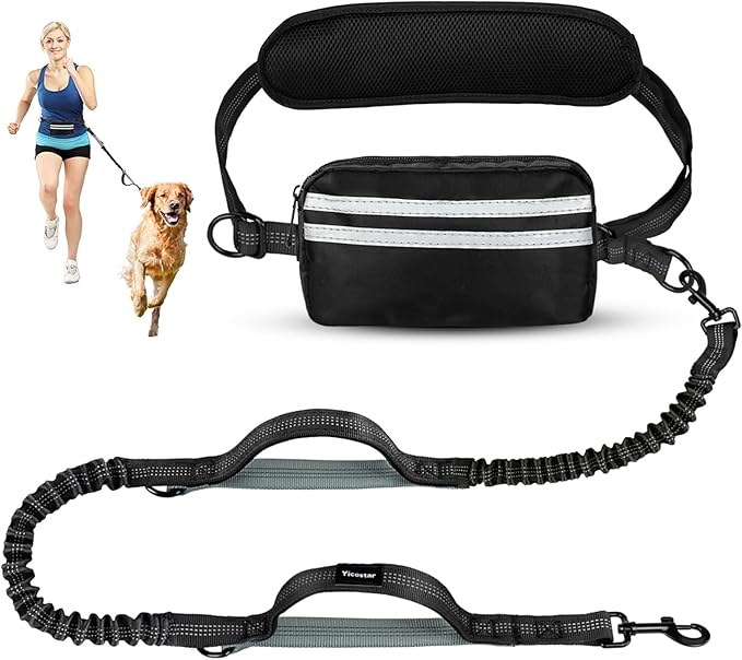 Hands Free Dog Leash with Pouch, Retractable Bungee, Double Padded Handles for Walking, Waist Leash for Medium & Large Dogs, Walking Accessories