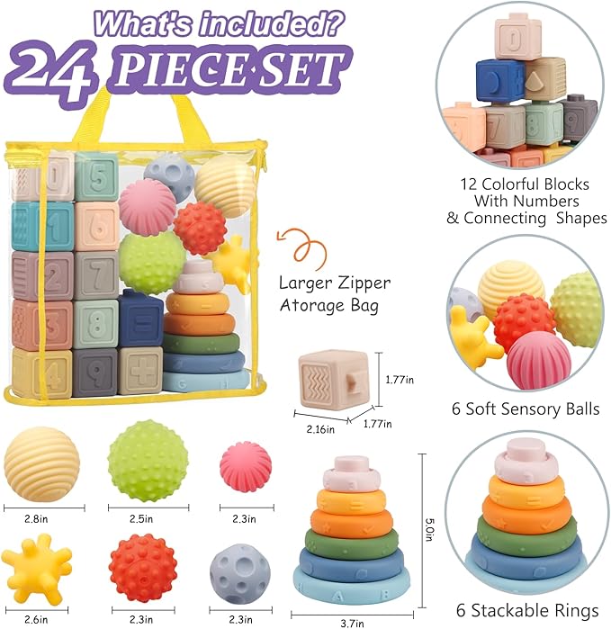 Montessori Toys for Babies,Soft Stacking Building Blocks Rings Balls Sets,3 in 1 Baby Toy Bundle,Sensory Toy for 6-12 Months, Soft Teething Toys for Babies,Baby Gifts for Boy Girl
