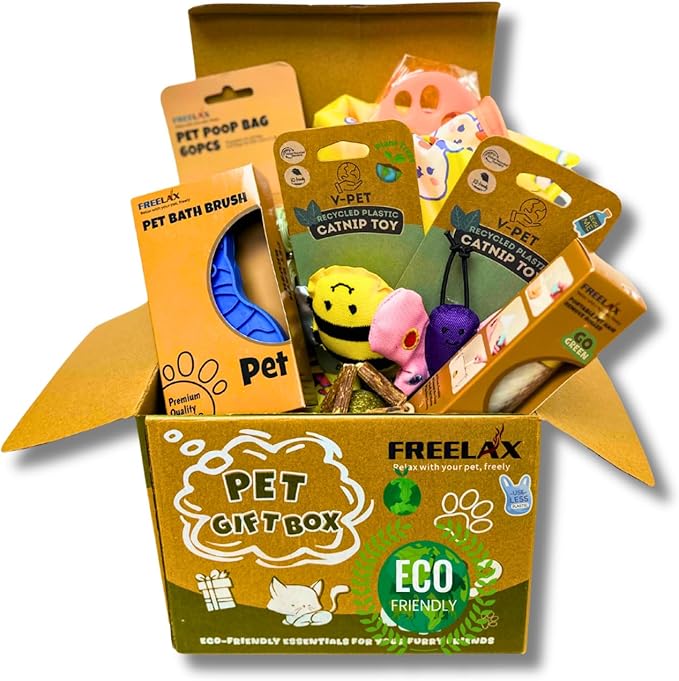 Eco-Friendly Cat Gift Box – 7-Piece Set with Organic Catnip Toys, Feather Wand, Blanket & Pop-Up Cat Cave for Indoor Cats and Kittens