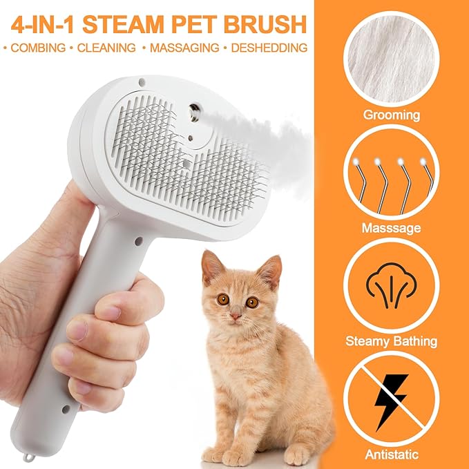 Cat Steam Brush for Shedding, 4 in 1 Steamy Cat Brush with Release Button, Self Cleaning Metal Pet Misting Hair Comb with Handle for Grooming Kitten Dog(White)