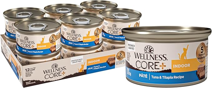 Wellness CORE+ Indoor Pate Adult Wet Cat Food, Natural, Protein-Rich, Grain Free, 2.8 Ounce, 12 Pack (Tuna & Tilapia)