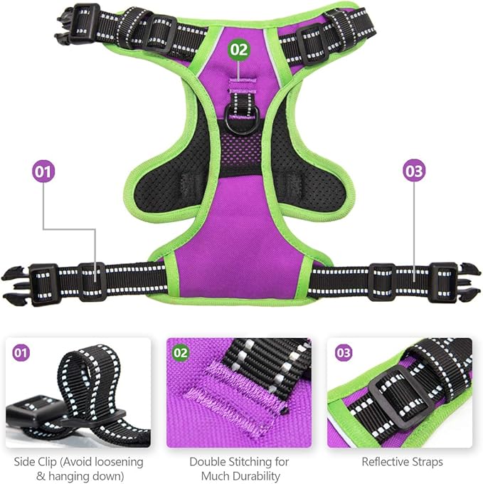 PHOEPET 2019 No Pull Dog Harness Medium Reflective Front Clip Vest with Handle,Adjustable 2 Metal Rings 3 Buckles,[Easy to Put on & Take Off](M, Purple)