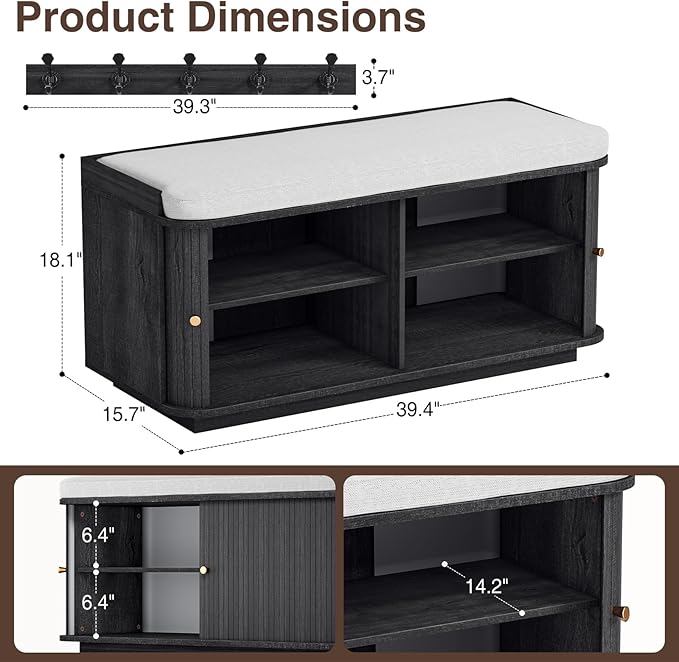 Dark Grey 39.4" W 2-Tier Shoe Bench with Storage | Entryway Bench with Padded Cushion, Sliding Doors & 5 Hooks