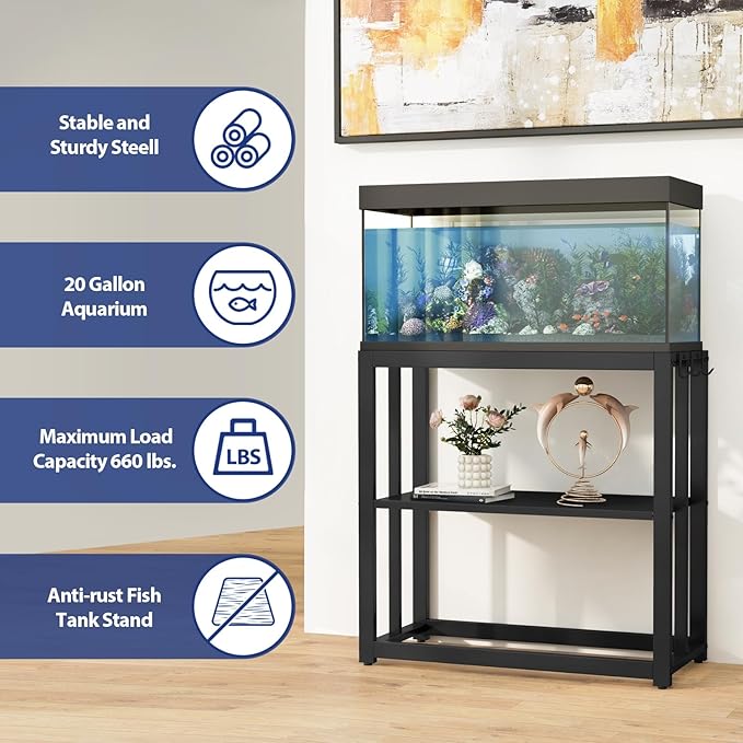 30.7" W x 13" Inch for 20-29 Gallon Long Fish Tank Stand With Storage Shelf, Aquarium Stand With Hooks,Heavy Duty Metal Turtle Reptile Tank Stand, Easy Assemble